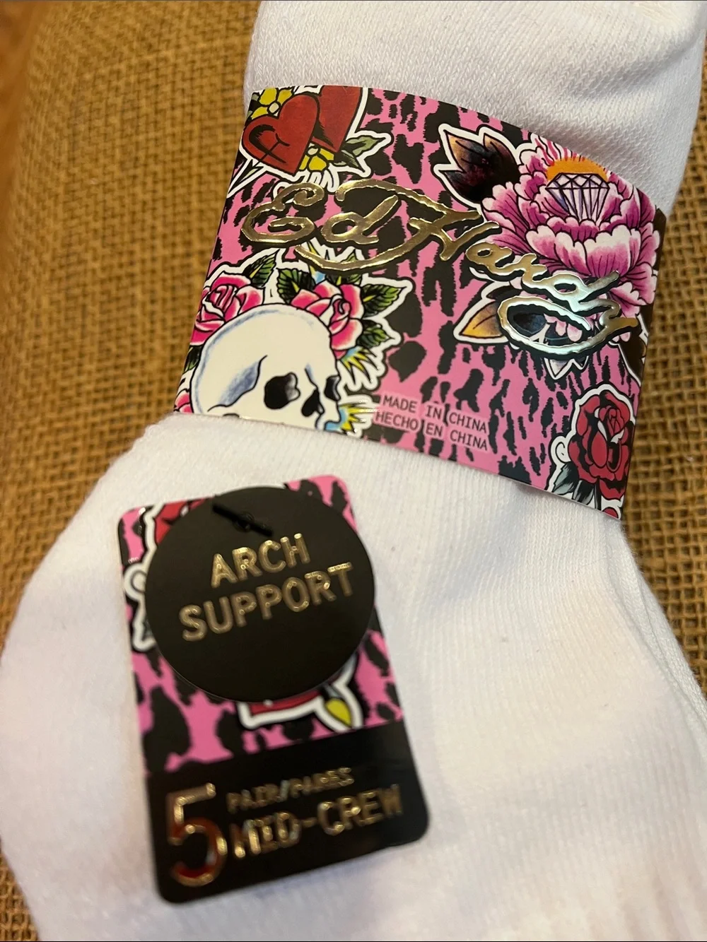 Ed Hardy  Mid-Crew Socks with Multicolor Floral Skull Embroidery